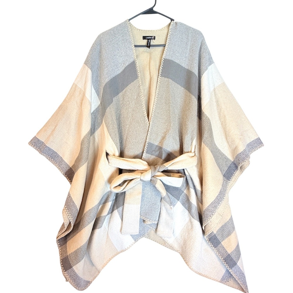 Torrid Plaid Poncho Wrap Womens One Size Beige Gray Belted Blanket Shawl